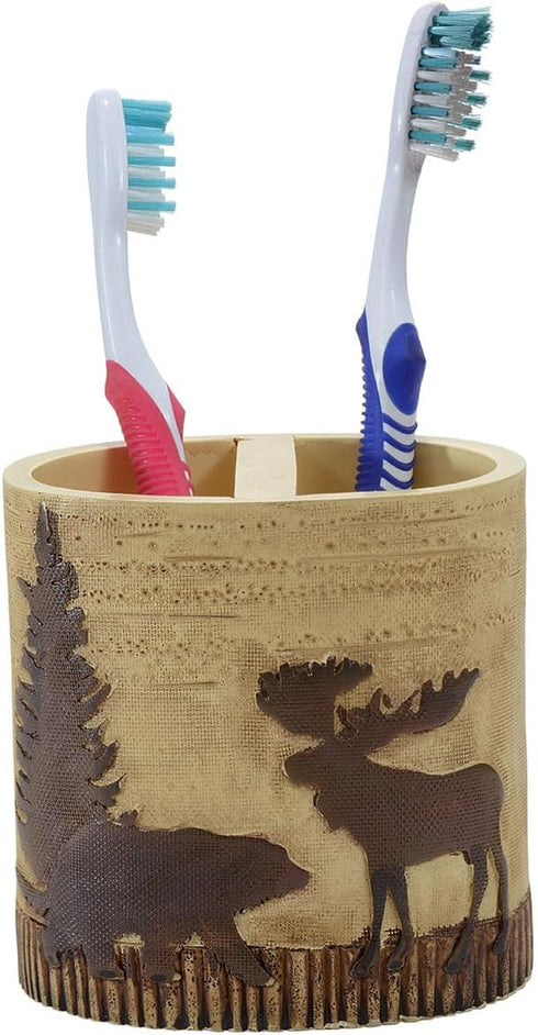 Cozy 4.5" 4.25" 3" BLACK FOREST DECOR - Woodland Moose & Bear Toothbrush Holder - Aged Rustic Bathroom Dcor for Cabin