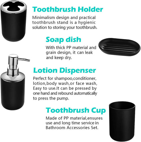 Papillon 6-Piece Bathroom Accessories Set - Toothbrush Holder, Soap Dispenser, Toilet Brush, Trash Can (Black)