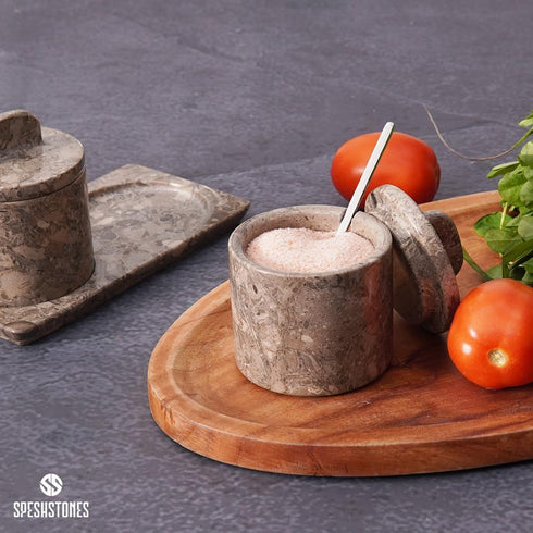 4 Inch Countertop, Set 2, Marble Salt Cellar Salt Jar with Lid, Table Salt Containers for Salt Dish, Salt Holder, Spice