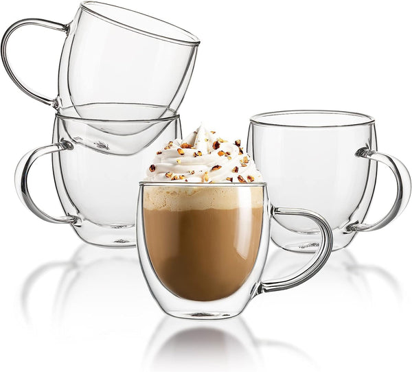 Sweese Clear Coffee Mugs, 8 oz Double Wall Glass Coffee Mugs Set of 4, Perfect for Espresso, Latte, Cappuccino