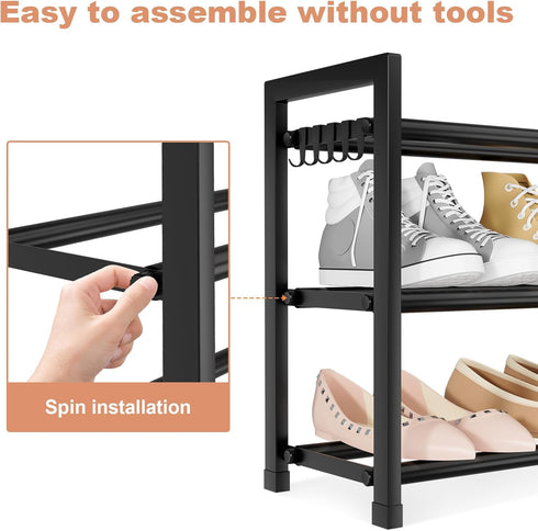 18"-33" Closet 12 3 5 LANTEFUL Adjustable Expandable Shoe Rack for Pairs Small Spaces Tier Shoe Organizer with Hooks