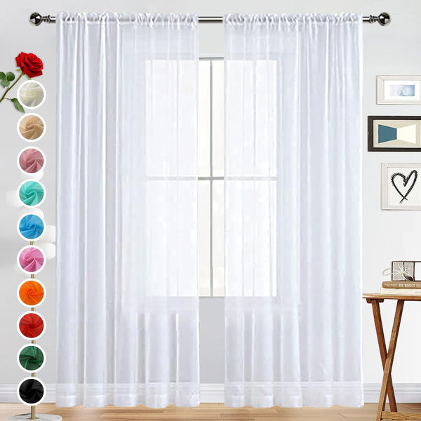 SpaceDresser Basic Rod Pocket Sheer Voile Window Curtain Panels, White 2 Panels 52 Width 84 Inch Long