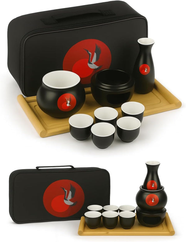LOONCREST Japanese Sake Cup Set with 6 Ceramic Cups, 1 Ceramic Sake Bottle,