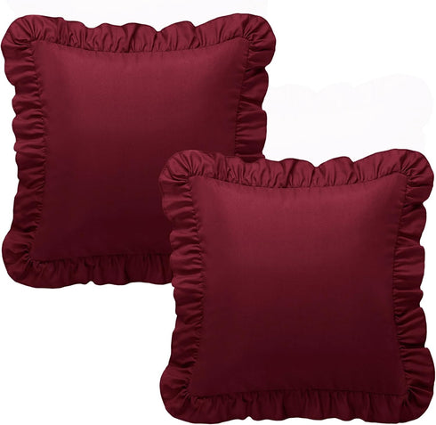18x18 Inches, Set 2, KKJIAF Ruffle Pillow Cases Burgundy Square Ruffled Pillow Covers of Microfiber Wrinkle Resistant