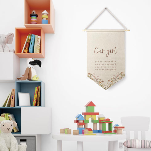 Qpenm Girls Room Decor, Our Girl You are More Than Our Expected Hanging Wall Canvas Banner, Boho Nursery Hanging