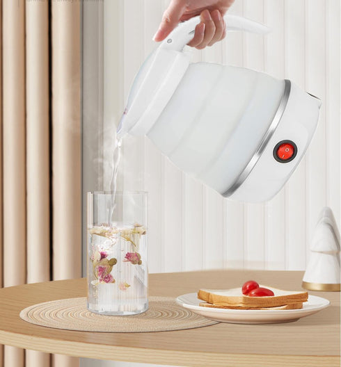 Foldable Electric Travel Kettle - Portable Silicone Collapsible Water Boiler and Tea Pot for Camping, White