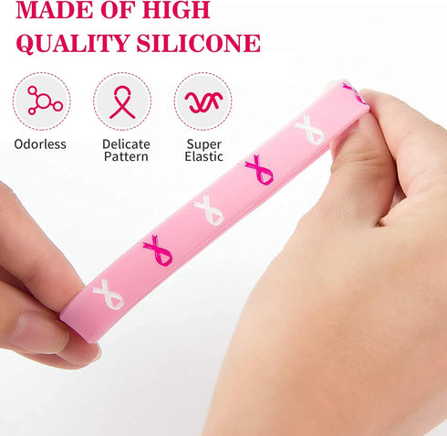 48 Pcs Pink Ribbon Breast Cancer Awareness Bracelets, Silicone Wristbands for Party Supplies