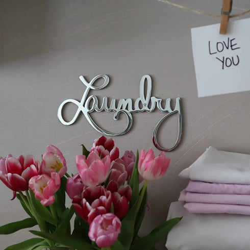 Metal Laundry Sign for Wall Decor - Silver, 11 X 6.3 Inches Hand Polished Stainless Steel with Installation Kit