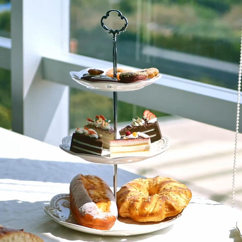 BonNoces 3-Tier Serving Tray - White Embossed Porcelain Cupcake Stand, Elegant Dessert Cake Stand for Tea Party,