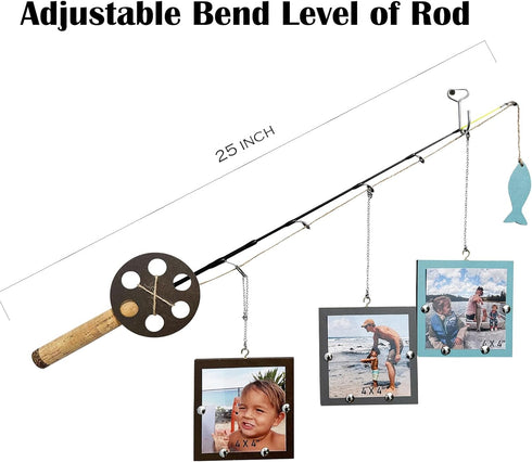 AZEZO 4''x4'' Wood Fishing Pole Picture Frame - Three Frames, Real Fishing Rod Design, Adjustable Hanging - Fishing
