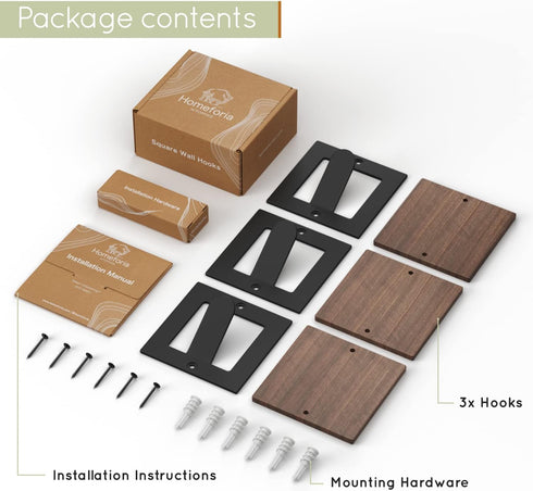 Set 3 Walnut Wood Black Square Metal Hooks Wall Coat Hook Rack - of for Coat and Hat Hanging