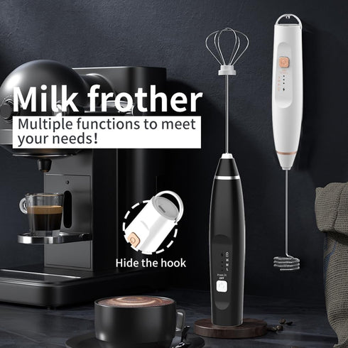 Milk Frother Handheld Foam Maker, 2 Stainless Stirring Heads, 3 Speed Rechargeable Electric Blender for Cappuccino,