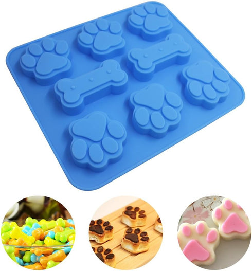 3 Pcs Silicone Molds, Puppy Dog Paw & Bone Shaped 2 in 1, 8-Cavity Baking Pans, Reusable Ice Candy Trays (Pink, Blue,
