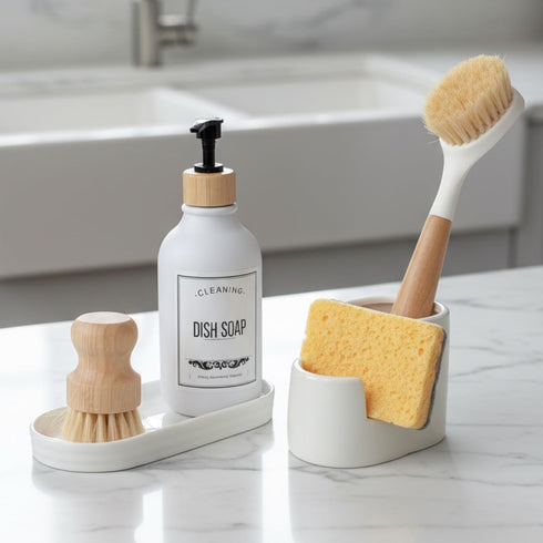 3 in 1 Ceramic Sponge&Brush Holder and Soap Tray Set, Leak-Proof Design