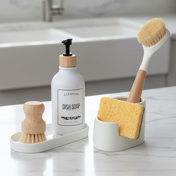 3 in 1 Ceramic Sponge&Brush Holder and Soap Tray Set, Leak-Proof Design