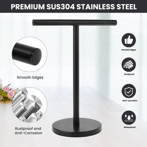T-Shape Bath Hand Towel Holder Stand, Stainless Steel Free Standing Hand Towel Rack with Heavy Base, for Bathroom Kitchen & Countertop, Matte Black, 2 Pack by Zitalupy