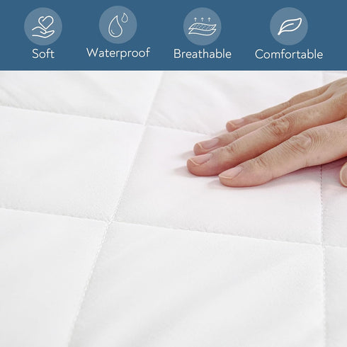 Queen Mattress Pad, Quilted Waterproof Mattress Protector, Fitted Queen Size Cover, Up to 20 Inch, White