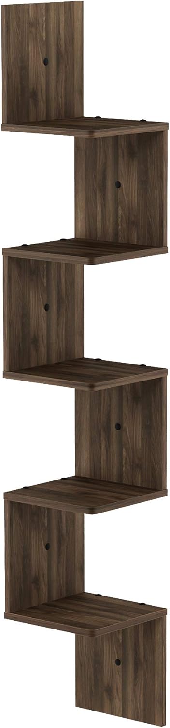 5-Tier Furinno Rossi Wall Mount Floating Corner Square Shelf, Columbia Walnut