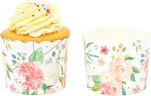 Sparkle and Bash 50 Pack Floral Cupcake Wrappers, Watercolor Flower Paper Baking Cups for Parties