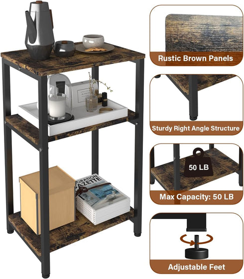 Tigerden 3 Tier Side Table, Heavy Duty End Table with Shelves, Narrow Nightstand for Small Spaces, Record Player Table