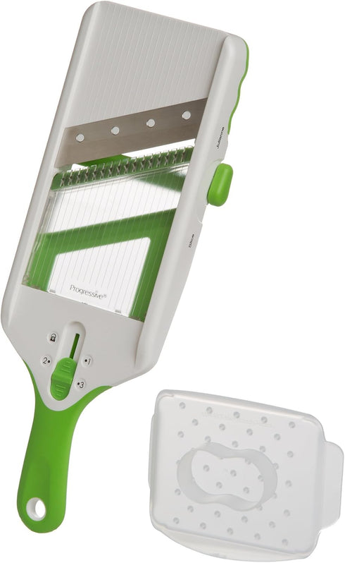 PrepSolutions Adjust-A-Slice & Julienne Mandoline, White & Green, Adjustable Slicer for Fruits and Vegetables