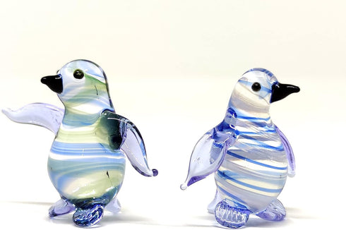 2 Penguins Tiny Figurines - Hand Blown Color Glass Art Animals Collectible Gift Home D cor (Blue Green)