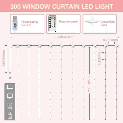 300 9.8FT 9.8FT 8 SUNNEST LED Curtain Lights Christmas, LEDs x USB Curtain String Light with Lighting Modes Wall Lights