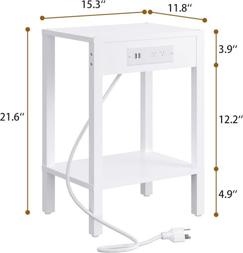 MMEOLUOOK 2-Tier MLBZ14WE End Table with Charging Station, Nightstand with Storage Shelf,Modern Side Table,Bedside