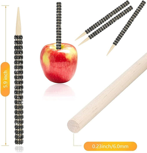 32 PCS Bling Candy Apple Bamboo Sticks, Caramel Apple Wooden Pointed Skewers with Rhinestones Diamond Mesh Wrap, Fruit