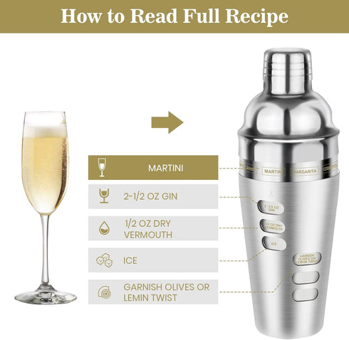 Cocktail Shaker Set with Recipe, 24 oz Stainless Steel Martini Shaker, Drink Mixer Bartender Kit