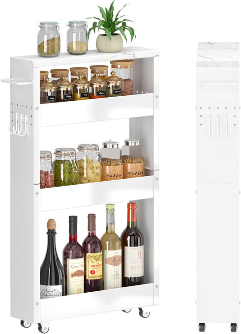 Slim 4-Tier Storage Cart, 5-Inch Width White Rolling Cart with Handle & Wooden Top for Kitchen, Bathroom, Laundry