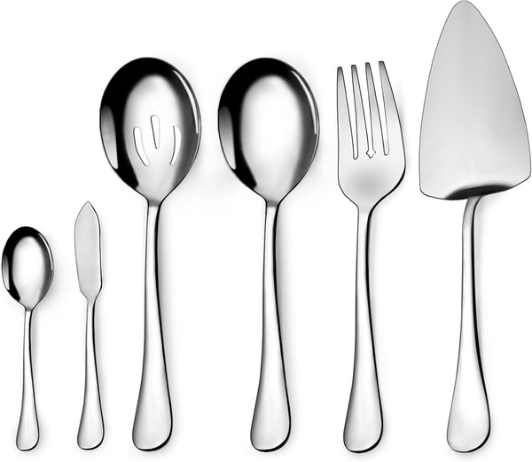 6-Piece Serving Utensil Set with Spoons, Forks, Tongs, Soup Ladle, and Pie Server, Dishwasher Safe (5.5-11 Inch)
