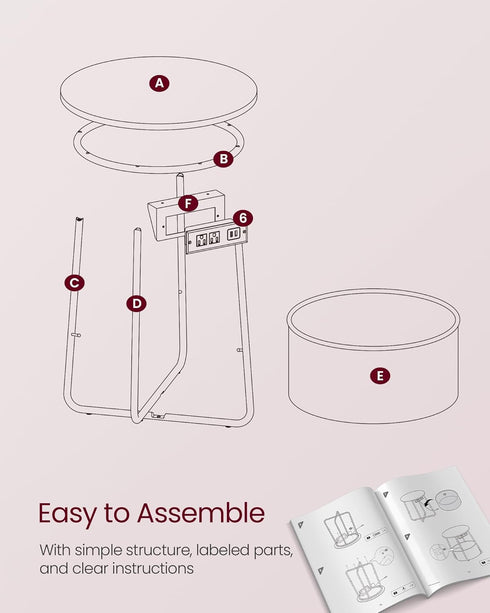 ULET228R01 VASAGLE LILEA Collection - Side Table with Charging Station, Round End Table with Fabric Basket, Nightstand