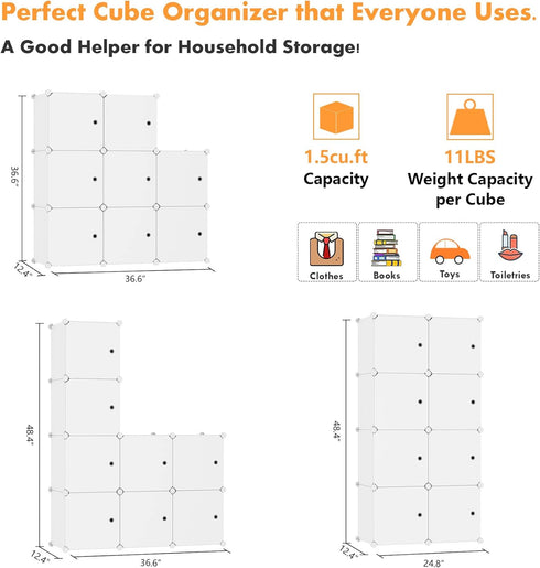 C&AHOME 8-Cube Storage Organizer with Doors, DIY Plastic Modular Bookshelf, 24.8" L × 12.4" W × 48.4" H, Milky