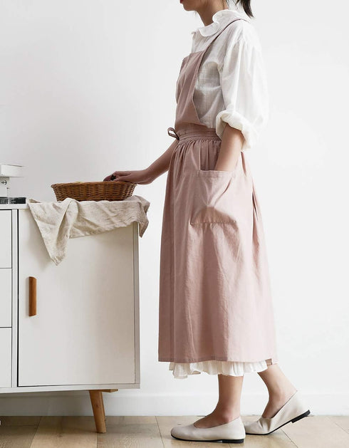 Cotton Pleated Apron - Retro Waterdrop Proof Garden Cleaning Pinafore Dress