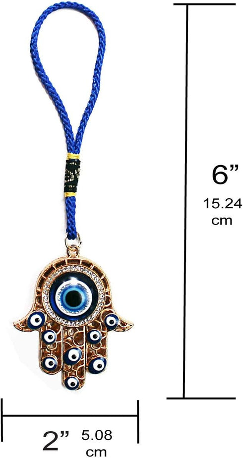 Hamsa Hand Amulet Pendant w/Crystal Rhinestones, Blue, White & Black Evil Eye Car Hanging Ornament