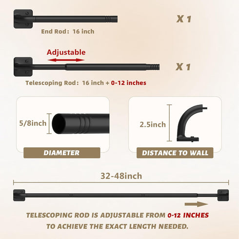 Curtain Rods for Windows 28 to 48 Inch, 5/8" Diameter Black Ceiling Mount Warp Around Long Curtain Rod for Bedroom