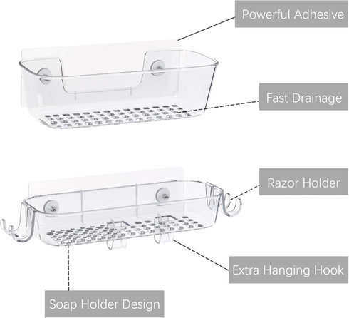 TZAMLI 2 Pack Clear Shower Caddy, Adhesive Shower Organizer Rustproof Shelf with Razor Holder and Hook, Wall Mounted