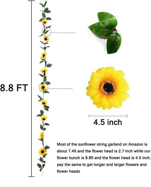 2 Pack 8.8FT Artificial Sunflower Garland with 100 LED Fairy String Lights, Faux Sunflowers Hanging Plant for Indoor,