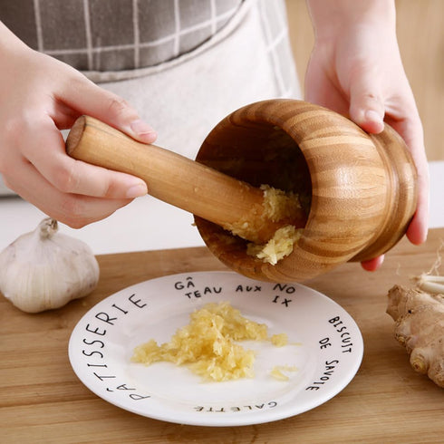 Mortar and Pestle Set, Bamboo Garlic Pounder Mincer Tool for Kitchen, Spice, Coffee, Herb, Ginger (S)
