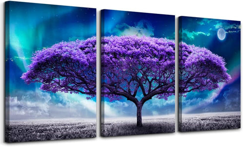 Canvas Wall Art for Living Room, Boho Decor for Bedroom, Aurora Purple Tree Scenery Painting, 12" X 16" 3 Piece