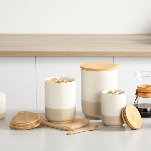 Set 3-Piece Countertop vancasso Sabine Ceramic Canister with Airtight Wood Lids - Kitchen Storage for Flour, Sugar
