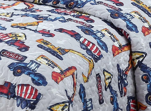 Kids Zone Home Linen Set Set Const-2 Kids Zone Collection Bedspread Construction Vehicles Kids Bedding Blue and White