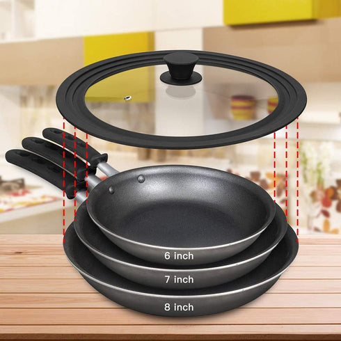 Universal Lid for Pots, Pans, and Skillets, Tempered Glass with Heat Resistant Silicone Rim, Black