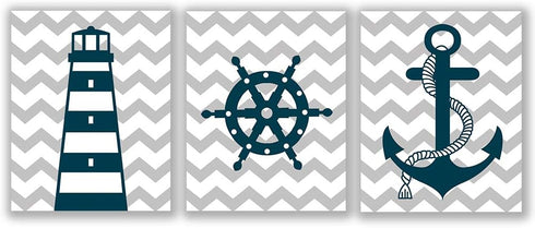 HPNIUB Nautical Art Print Set of 3 (8”X10”), Lighthouse, Steering Wheel, Anchor, Navigation Print for Baby Boy
