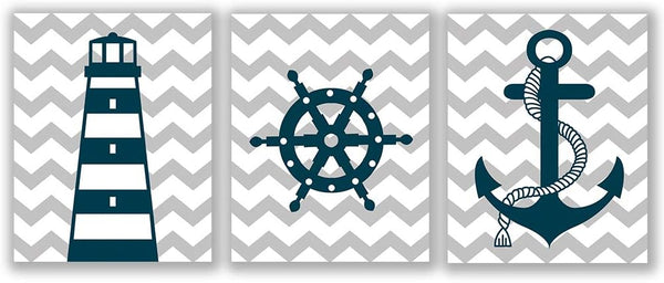 HPNIUB Nautical Art Print Set of 3 (8”X10”), Lighthouse, Steering Wheel, Anchor, Navigation Print for Baby Boy