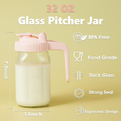 32oz 1 Glass Pitcher with Lid & V-shaped Pour Spout - Quart Breastmilk Pitcher Double Leak Proof, Creamer Container