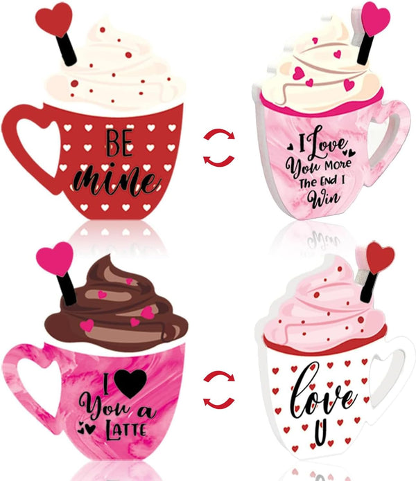 2 Pieces Double Side Wooden Coffee Sign for Valentines Day, Coffee Cup Tabletop Decoration for Holidays