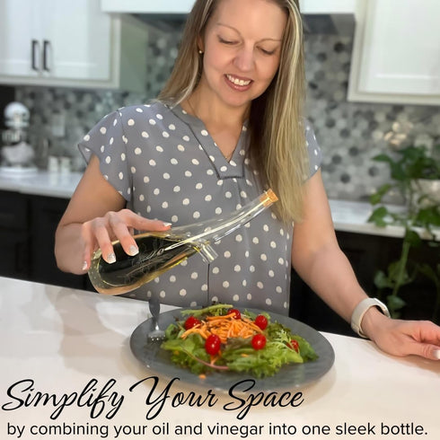 Set 12 oz Oil and Vinegar Dispenser Bottle - Handblown Glass with Elegant Floral Etched Design - Premium Glass Salad