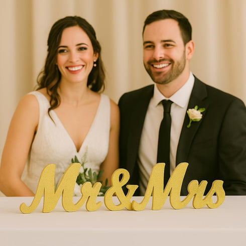 Mandala Crafts Gold Wooden Mr & Mrs Signs for Wedding Decorations, Reception & Sweetheart Table Decor